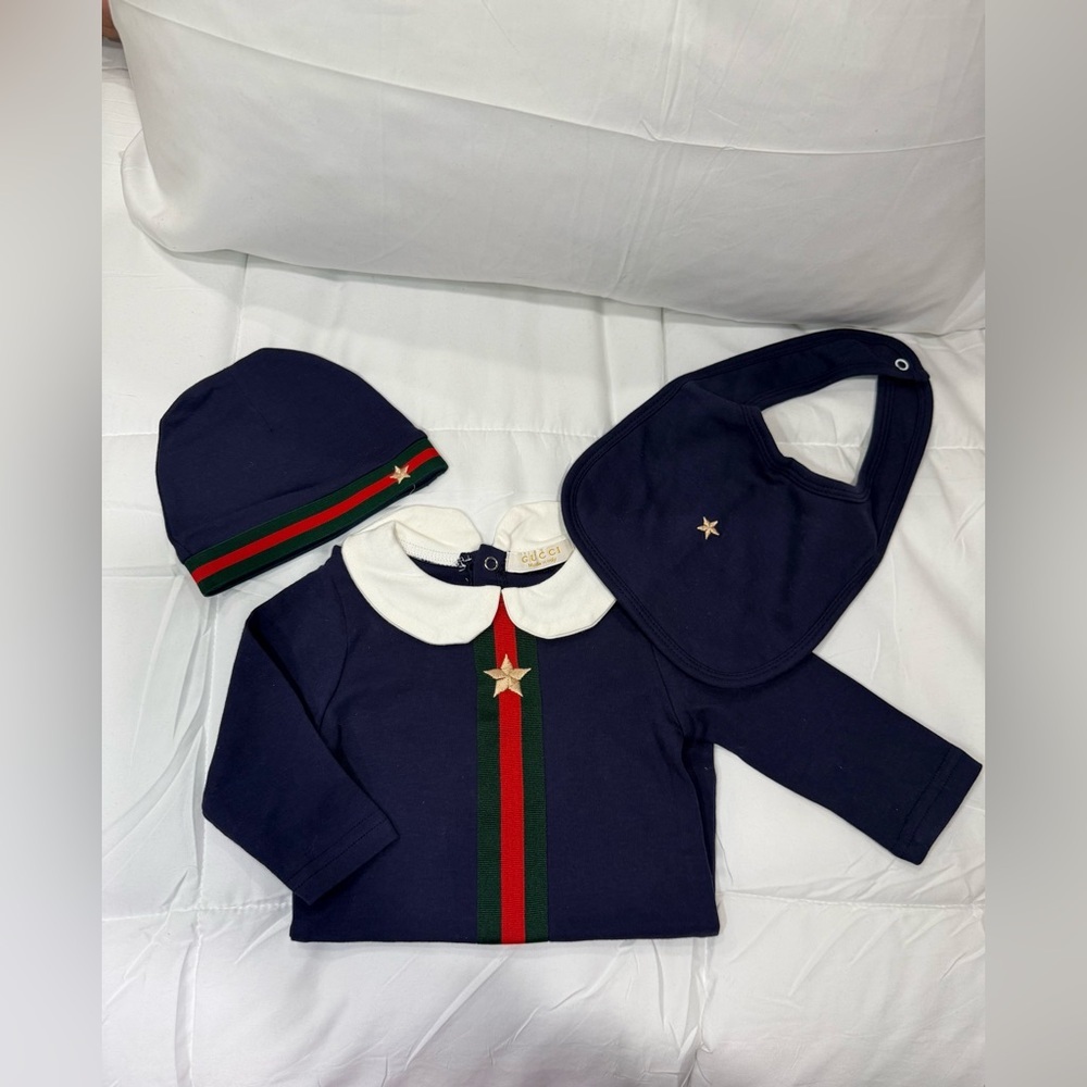 Gucci Navy and White Baby Outfit with Red and Green Accents